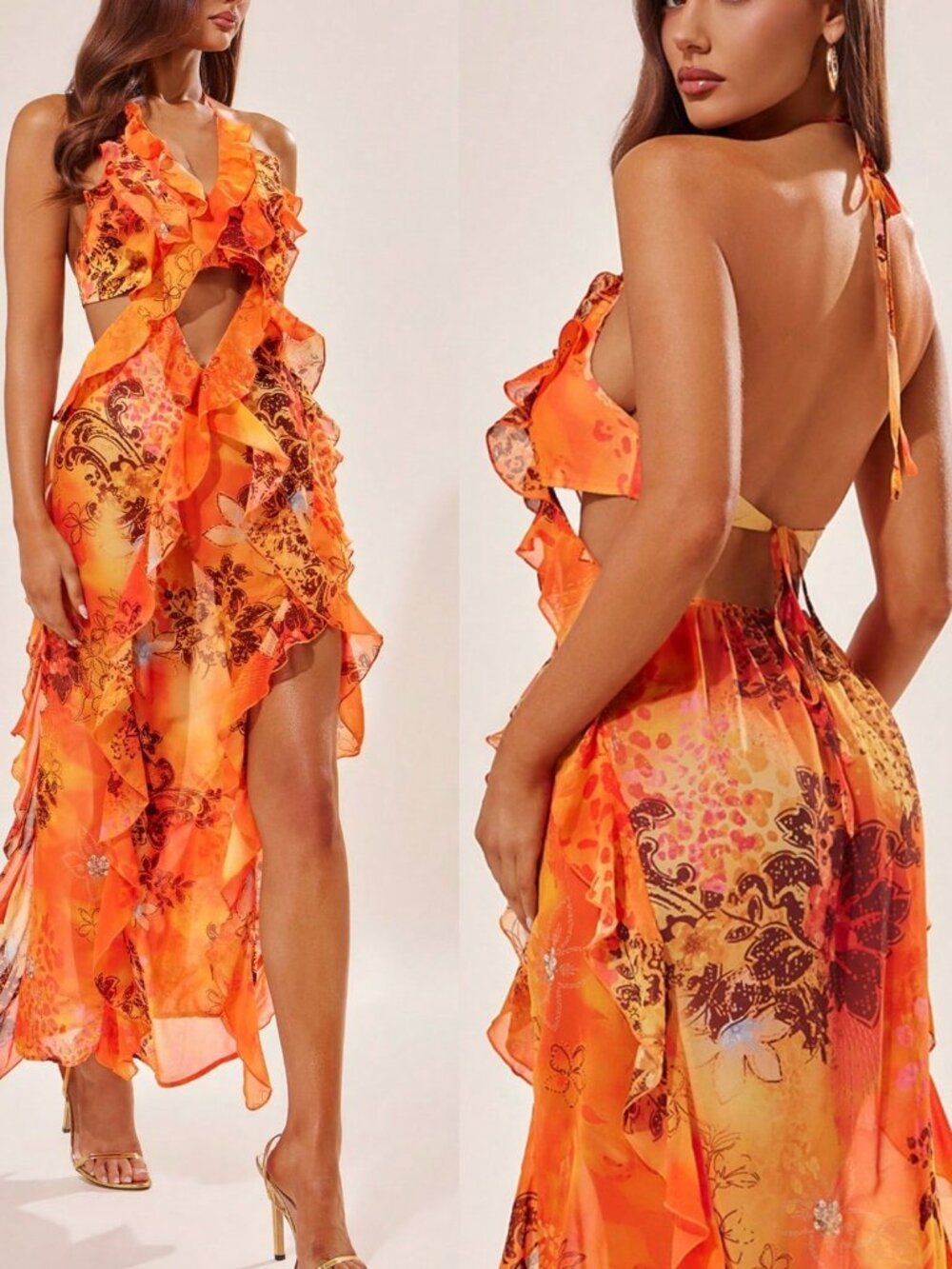 Multicolor Boho Women's Tropical Chiffon Dress High Slit Spaghetti Straps dress - Picture 2 of 7